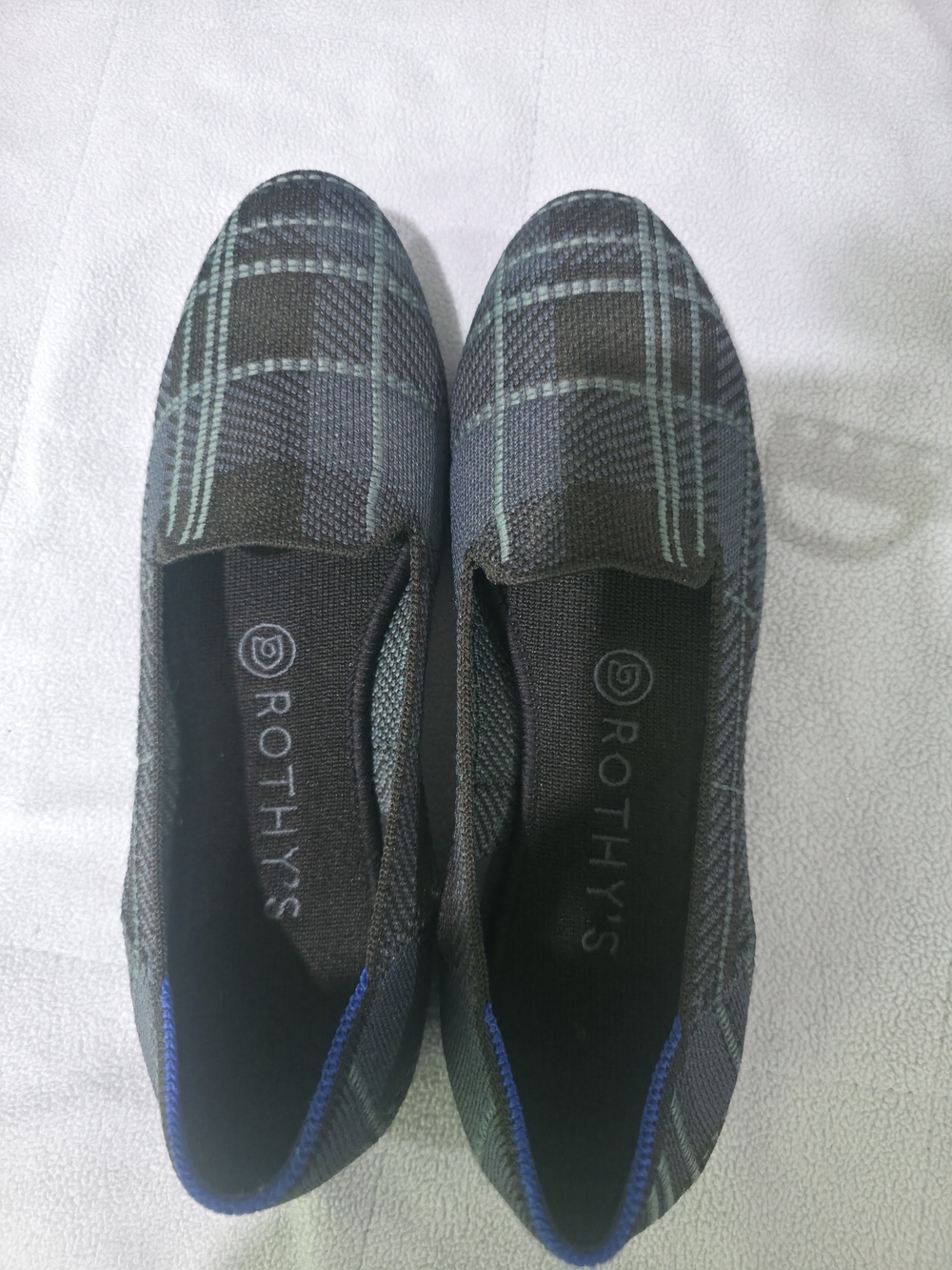 Rothy's Black and Teal Plaid Slip-On Loafers